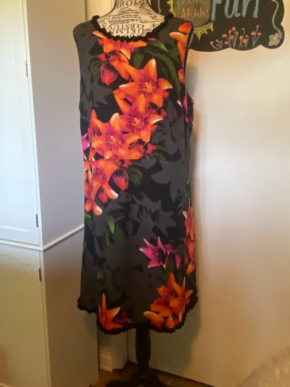 Worthington Black Midi Dress with Orange & Pink Lily Print